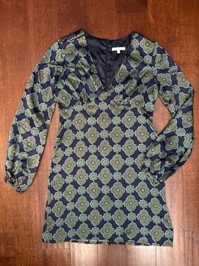 Les Petites Collection 100% Silk Navy Medallion V-Neck Long-Sleeve Dress, Size 6